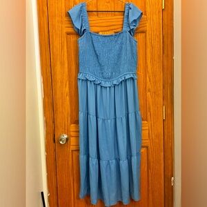 MPH smocked flirty tiered Midi w/ flutter straps